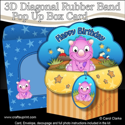 3D Diagonal Rubber Band Pop Up Box Card Kit - Cute Little Dinosaur