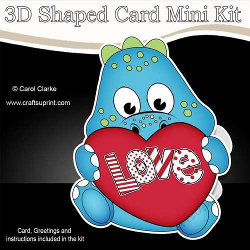 3D Shaped Card Mini Kit - Cute Little Dinosaur has a Love Heart 