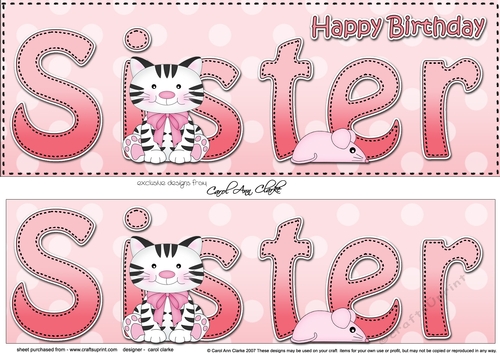 Large DL Happy Birthday SISTER 3D decoupage with Cute Cat