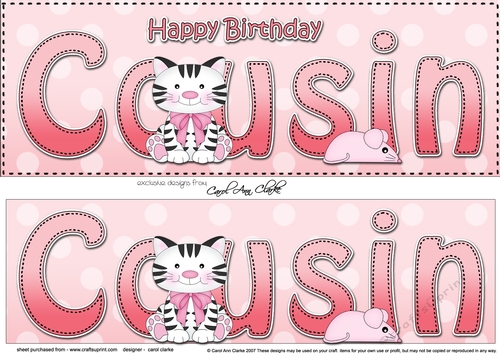 Large DL Happy Birthday COUSIN 3D decoupage with Cute Cat