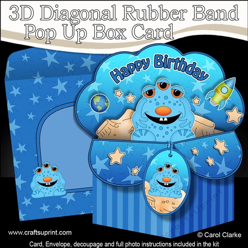 3D Diagonal Rubber Band Pop Up Box Card Kit -  Cute Little Alien