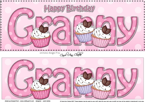 Large DL Happy Birthday GRANNY 3D decoupage with Cupcakes