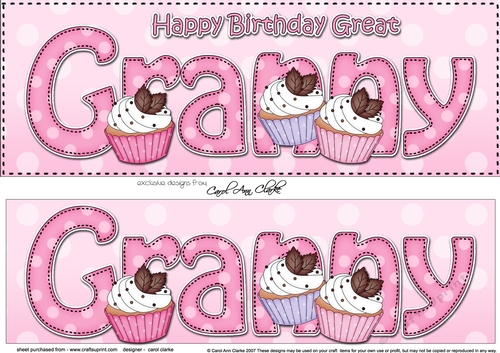 Large DL Happy Birthday GREAT GRANNY 3D decoupage with Cupcakes