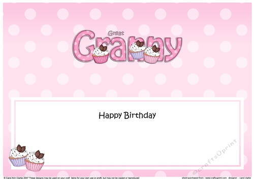 Large DL Happy Birthday GREAT GRANNY insert with Cupcakes