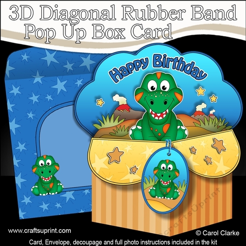3D Diagonal Rubber Band Pop Up Box Card Kit - Cute Little Dinosaur