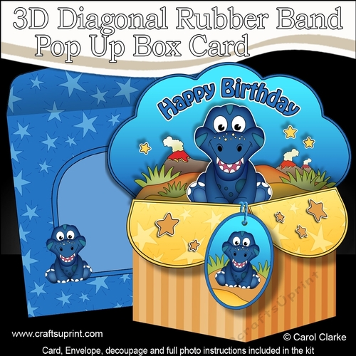 3D Diagonal Rubber Band Pop Up Box Card Kit - Cute Little Dinosaur