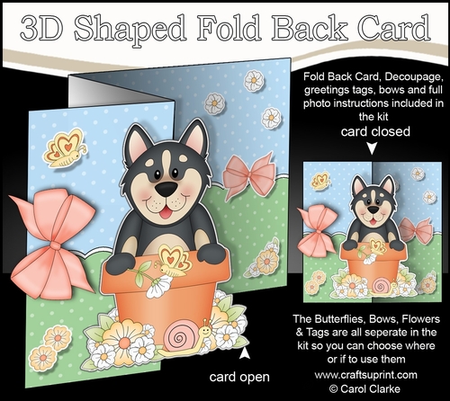 3D Shaped No-Hole Fold Back Card Kit - Flowerpot Friends - Little Husky Dog Chase