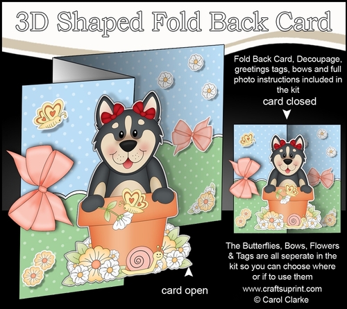 3D Shaped No-Hole Fold Back Card Kit - Flowerpot Friends - Little Husky Dog Misty
