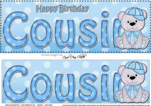 Large DL Happy Birthday COUSIN 3D decoupage with Austin Bear