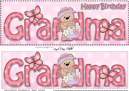 Large DL Happy Birthday GRANDMA 3D decoupage with Livvy Bear