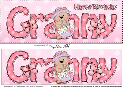 Large DL Happy Birthday GRANNY 3D decoupage with Livvy Bear