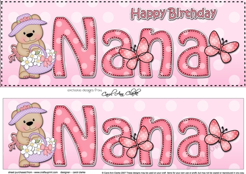 Large DL Happy Birthday NANA 3D decoupage with Livvy Bear