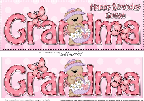 Large DL Happy Birthday GREAT GRANDMA 3D decoupage with Livvy Bear