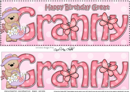 Large DL Happy Birthday GREAT GRANNY 3D decoupage with Livvy Bear
