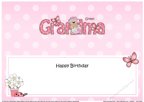 Large DL Happy Birthday GREAT GRANDMA insert with Livvy Bear