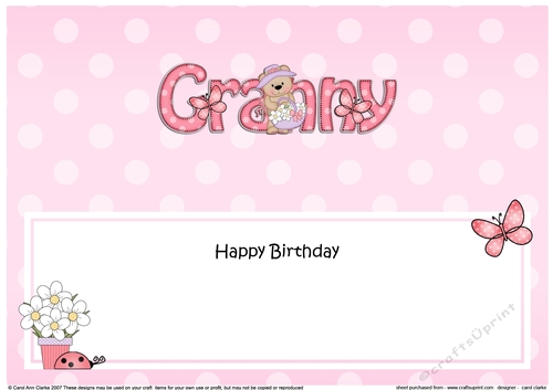 Large DL Happy Birthday GRANNY insert with Livvy Bear