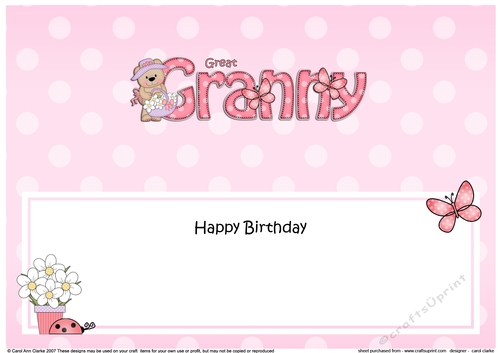 Large DL Happy Birthday GREAT GRANNY insert with Livvy Bear