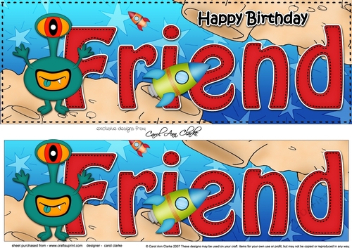 Large DL Happy Birthday FRIEND with Aliens 3D decoupage with cute Alien
