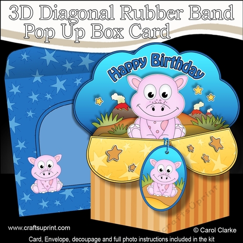 3D Diagonal Rubber Band Pop Up Box Card Kit - Cute Little Dinosaur