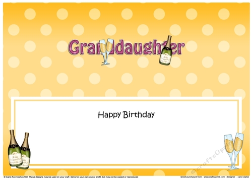 Large DL Happy Birthday GRANDDAUGHTER insert with Champagne
