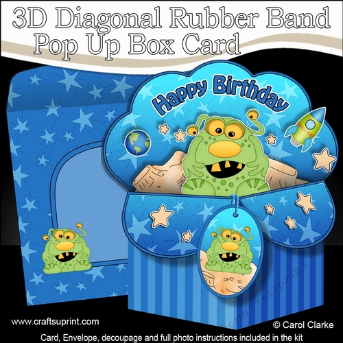 3D Diagonal Rubber Band Pop Up Box Card Kit -  Cute Little Alien