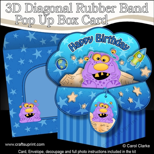 3D Diagonal Rubber Band Pop Up Box Card Kit -  Cute Little Alien