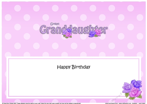 Large DL Happy Birthday GREAT GRANDDAUGHTER insert with Roses