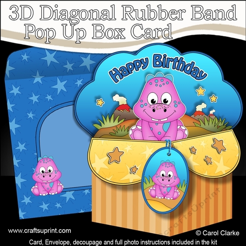 3D Diagonal Rubber Band Pop Up Box Card Kit - Cute Little Dinosaur
