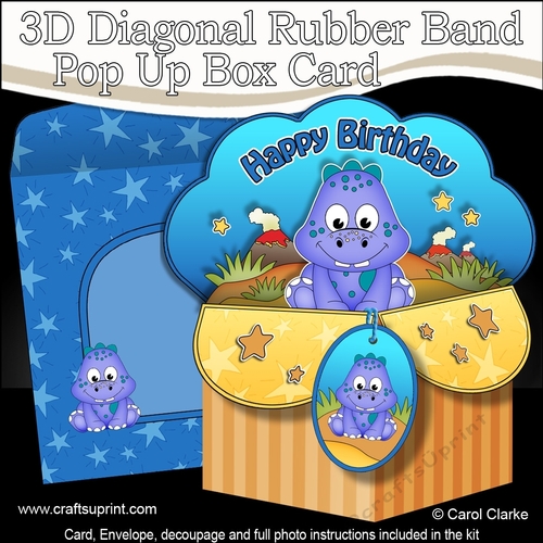 3D Diagonal Rubber Band Pop Up Box Card Kit - Cute Little Dinosaur