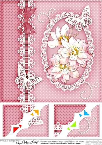 8 x 8 A Touch of Elegance Flowers Pearls and Lace Scalloped Corner Topper  