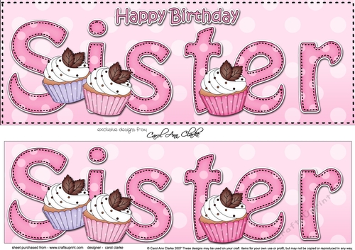 Large DL Happy Birthday SISTER 3D decoupage with Cupcakes