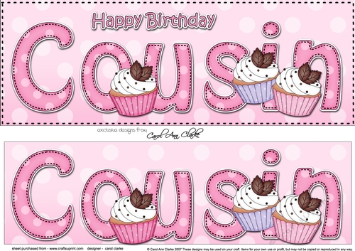 Large DL Happy Birthday COUSIN 3D decoupage with Cupcakes