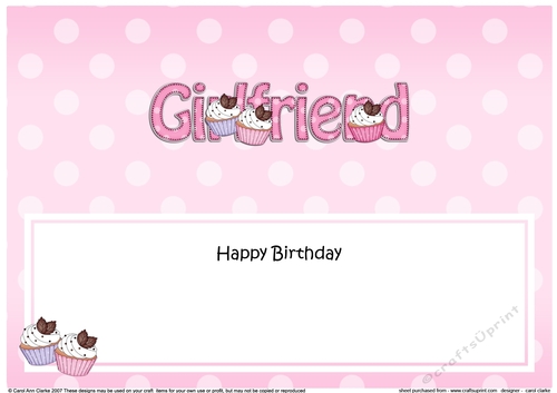 Large DL Happy Birthday GIRLFRIEND insert with Cupcakes
