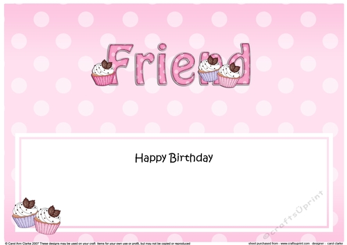 Large DL Happy Birthday FRIEND insert with Cupcakes