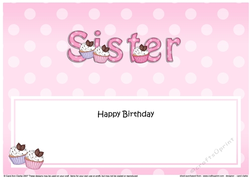 Large DL Happy Birthday SISTER insert with Cupcakes