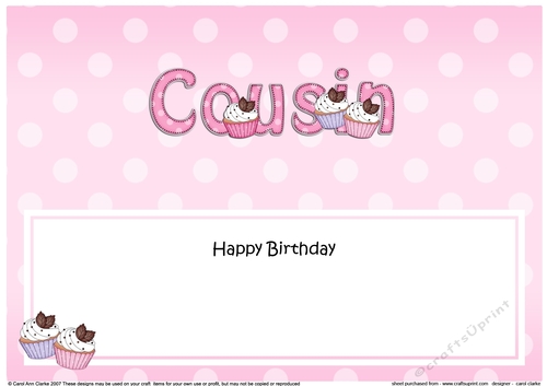 Large DL Happy Birthday COUSIN insert with Cupcakes