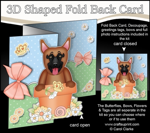 3D Shaped No-Hole Fold Back Card Kit - Flowerpot Friends - Little German Shepherd Dog Nash