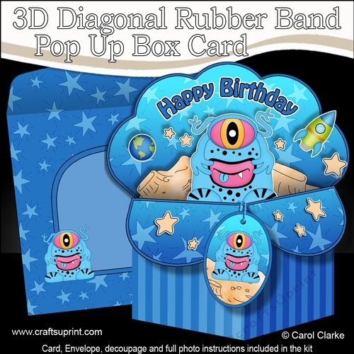 3D Diagonal Rubber Band Pop Up Box Card Kit -  Cute Little Alien