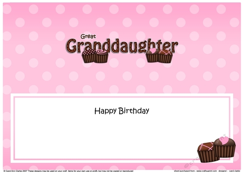 Large DL Happy Birthday GREAT GRANDDAUGHTER insert with Chocolates