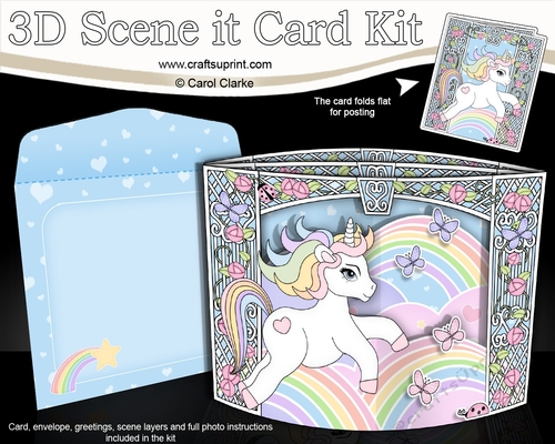 3D Triangle Shadow Box Scene it Card Kit - Cute Little Unicorn Rainbow