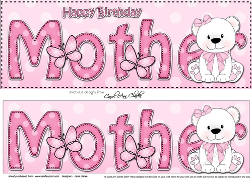 Large DL Happy Birthday MOTHER 3D decoupage with Livvy Bear