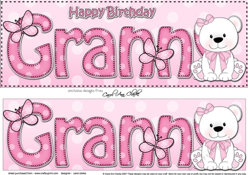 Large DL Happy Birthday GRANNY 3D decoupage with Livvy Bear