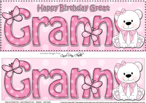 Large DL Happy Birthday GREAT GRANNY 3D decoupage with Livvy Bear