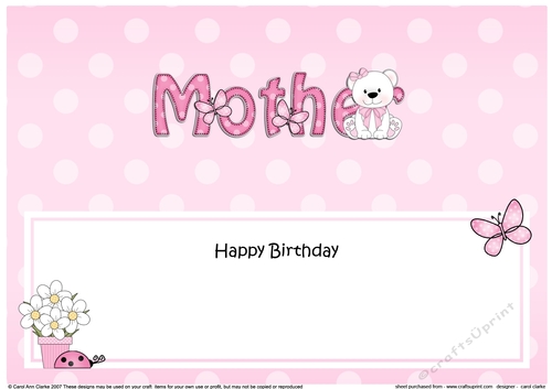 Large DL Happy Birthday MOTHER insert with Livvy Bear