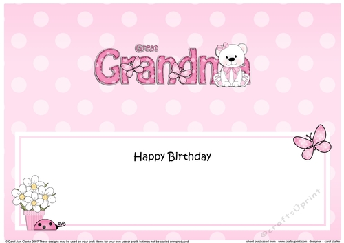 Large DL Happy Birthday GREAT GRANDMA insert with Livvy Bear