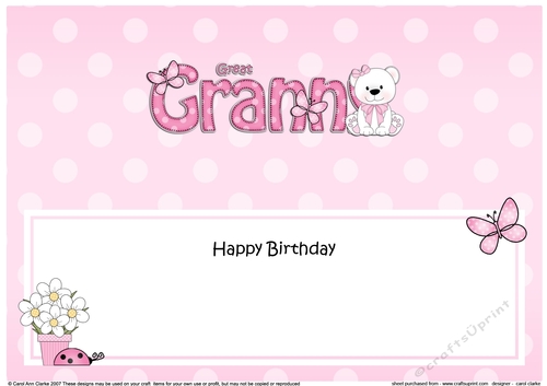 Large DL Happy Birthday GREAT GRANNY insert with Livvy Bear