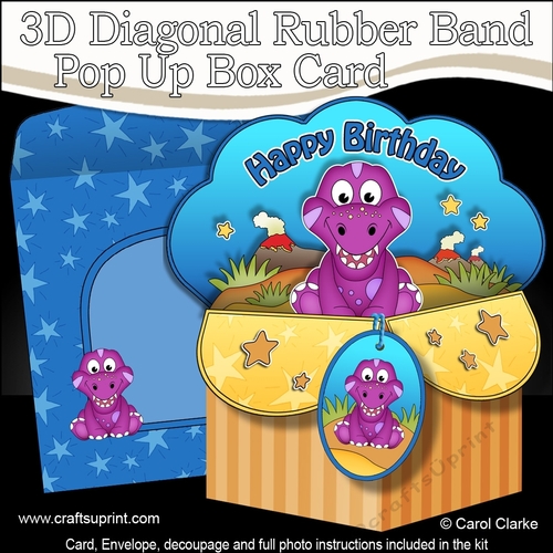 3D Diagonal Rubber Band Pop Up Box Card Kit - Cute Little Dinosaur