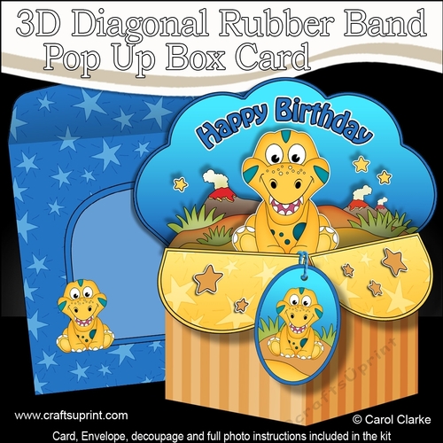 3D Diagonal Rubber Band Pop Up Box Card Kit - Cute Little Dinosaur