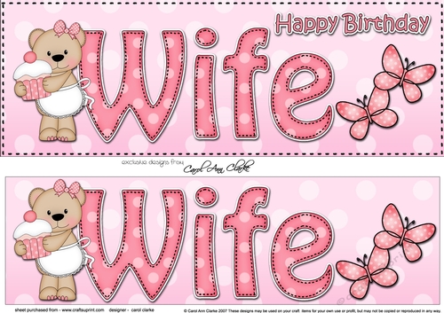 Large DL Happy Birthday WIFE 3D decoupage with Livvy Bear