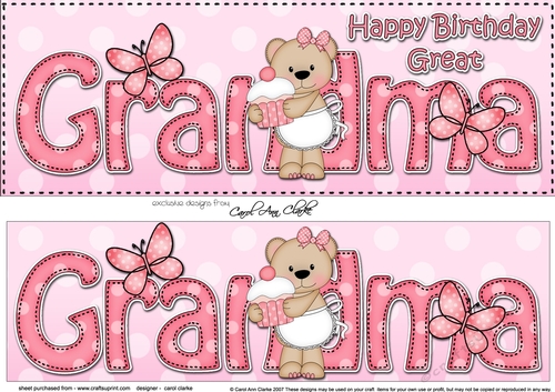 Large DL Happy Birthday GREAT GRANDMA 3D decoupage with Livvy Bear